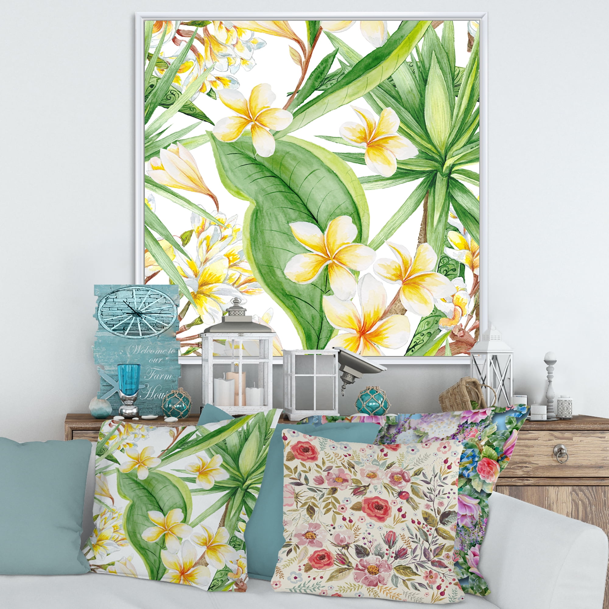 Designart 'Yellow Flowers and Tropical Foliage VII' Modern Framed Canvas Wall Art Print