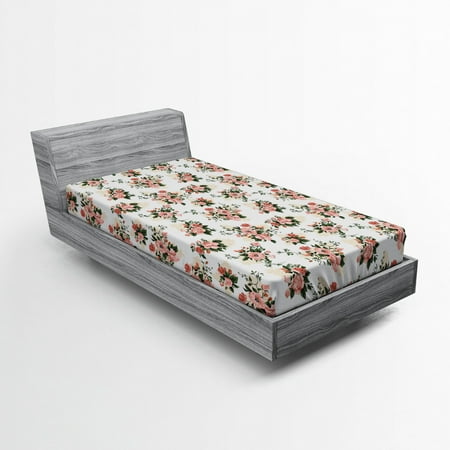 English Rose Bedding Floral Fitted Sheet English Garden Feminine Delicate Pansy Flowers, Soft Decorative Fabric Bedding, Dried Rose Beige, by Ambesonne ()