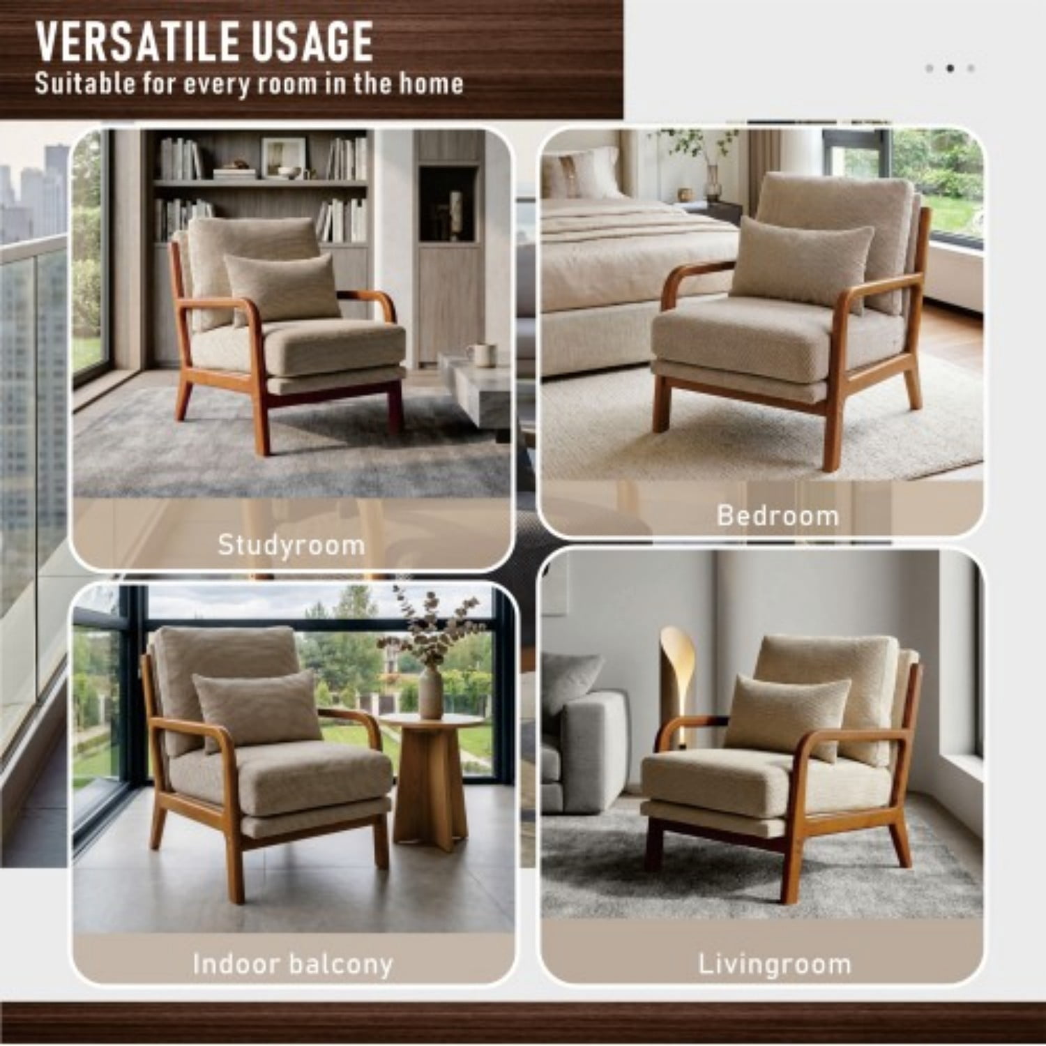 Wooden Lounge Accent Chair with Solid Wood Armrests, Upholstered Reading Chair with High-Density Foam Cushion, Modern Leisure Armchair for Living Room, Bedroom, Balcony & Office, Camel