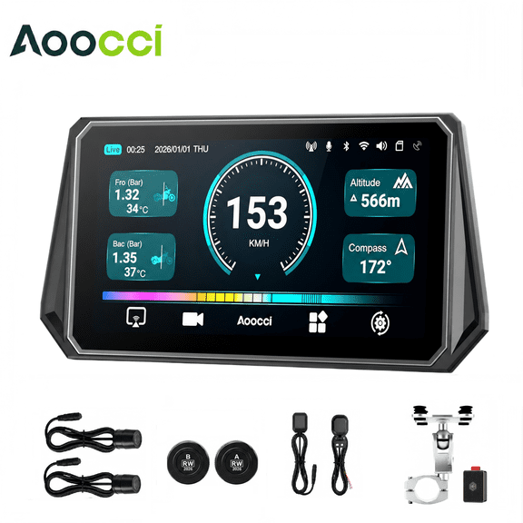 Aoocci D6A Motorcycle CarPlay Display with 2K Front & 1080P Rear Dash Cam, BSD Blind Spot Warning, TPMS, GPS, IP67 Waterproof