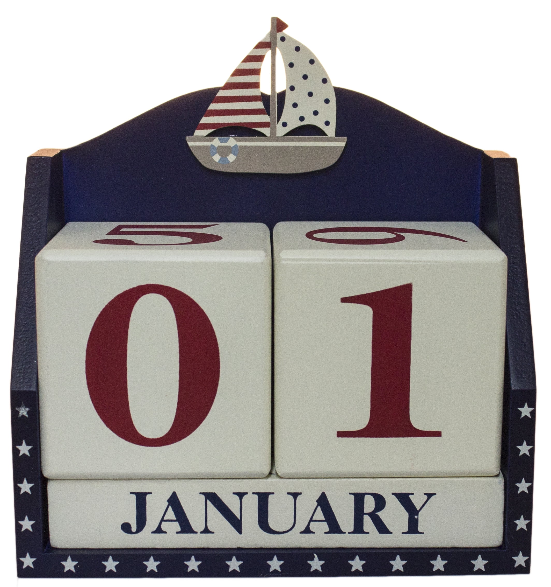 Wood Block Nautical Perpetual Calendar with Boat