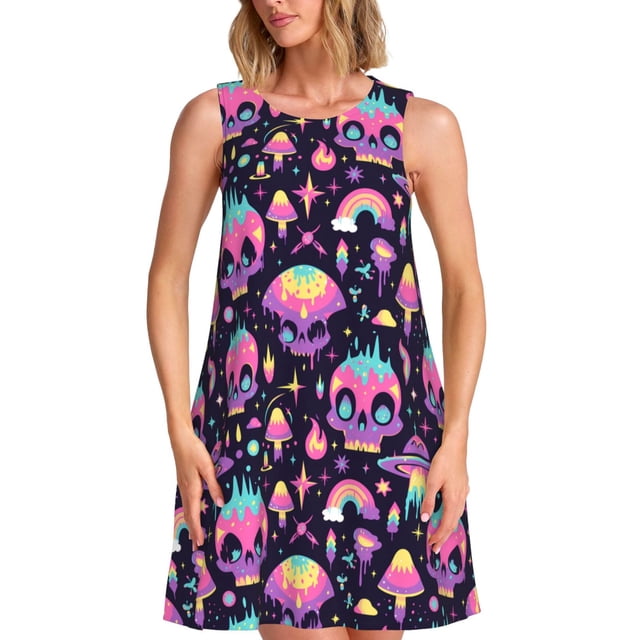 Disketp cartoon Skull rainbow space para Vestido sin Mangas para Mujeres, Vestidos de Verano para Mujeres, Casual y Holgado para la Playa