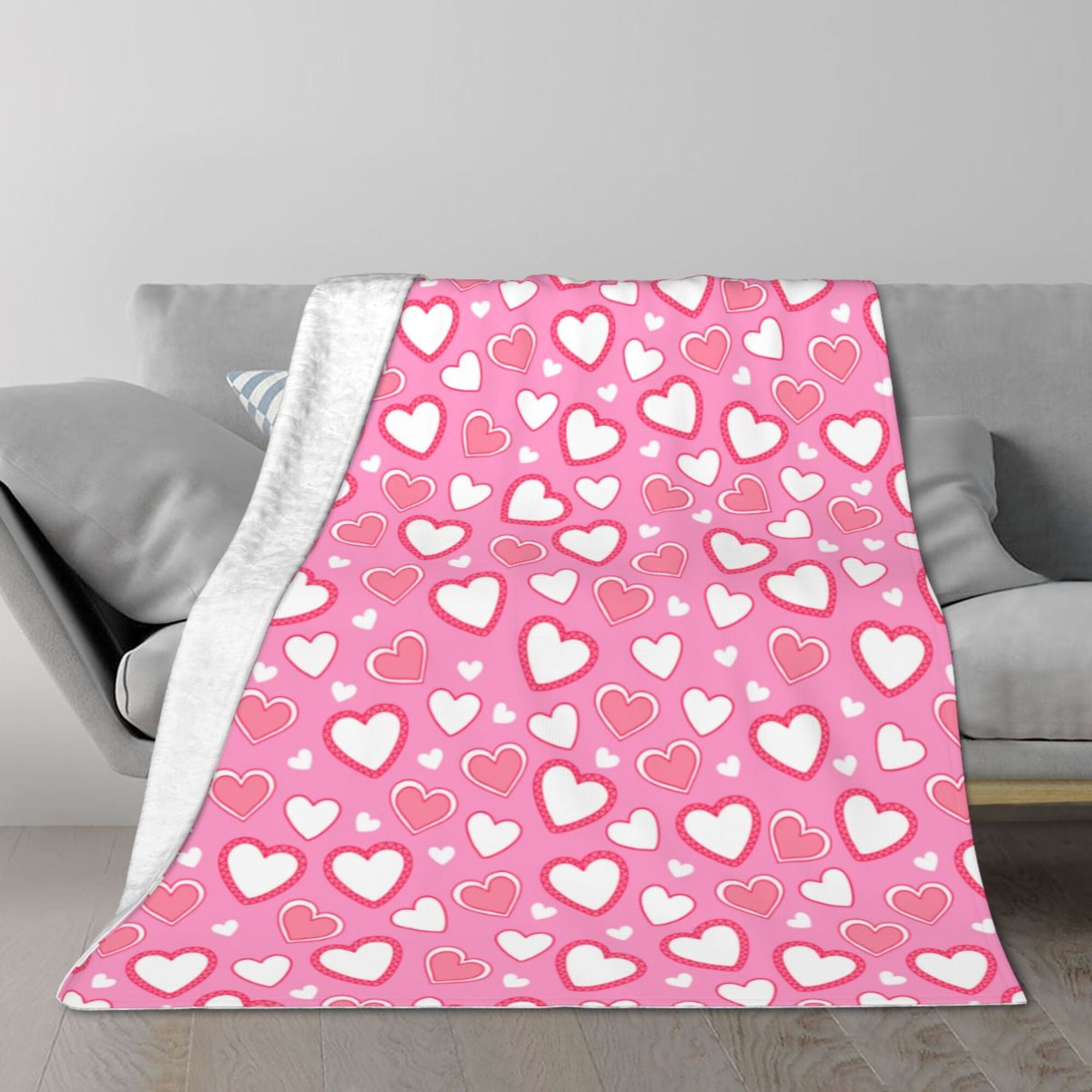 TEQUAN Double Layer Plush Bed Blanket, Valentine's Day Pink Hearts