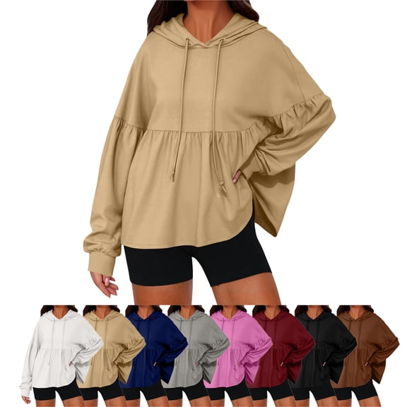 SYwaren Women's Ruched Sweatshirt Hoodie Pleated Hem Long Sleeve Solid Color Tops