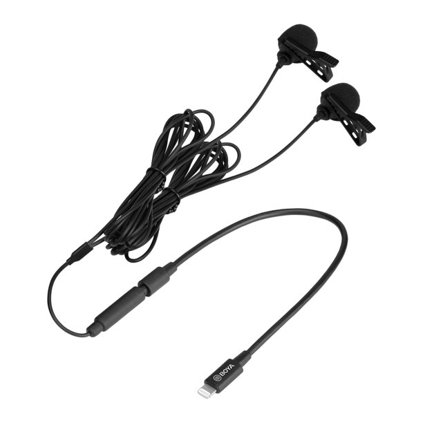 Micrófono Lavalier BOYA Cardioide Lavalier Lapelier Micrófono con clip Cabezal doble desmontable con 3.5 mm TRS a cable Lightning Compatible con teléfonos inteligentes iOS BOYA Micrófono Lavalier