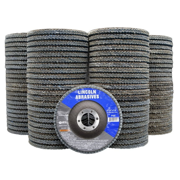 Lincoln Abrasives 100 Pack Flap Discs, 40 Grit 4.5" x 7/8" Sanding Wheels for Angle Grinder