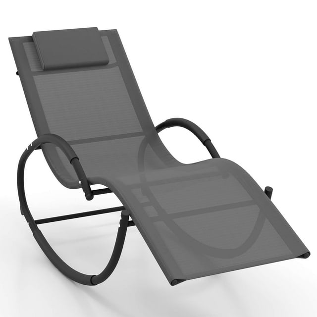Costway 1 PCS Outdoor Rocking Lounge Chair with Removable Headrest Breathable Backrest & Seat Grey
