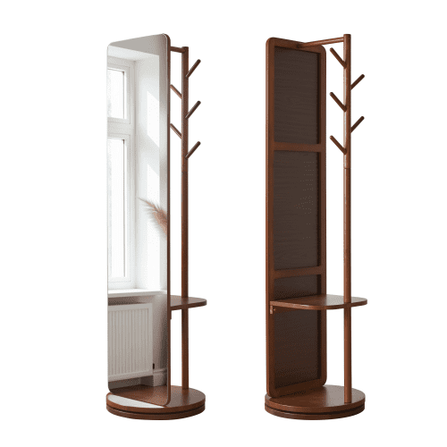 360° Rotatable Full Length Mirror with Coat Rack, 70"x19" Solid Wood Freestanding Body Mirror with Hooks & Storage Shelf, Standing Floor Mirror for Bedroom, Entryway, Living Room, Walnut