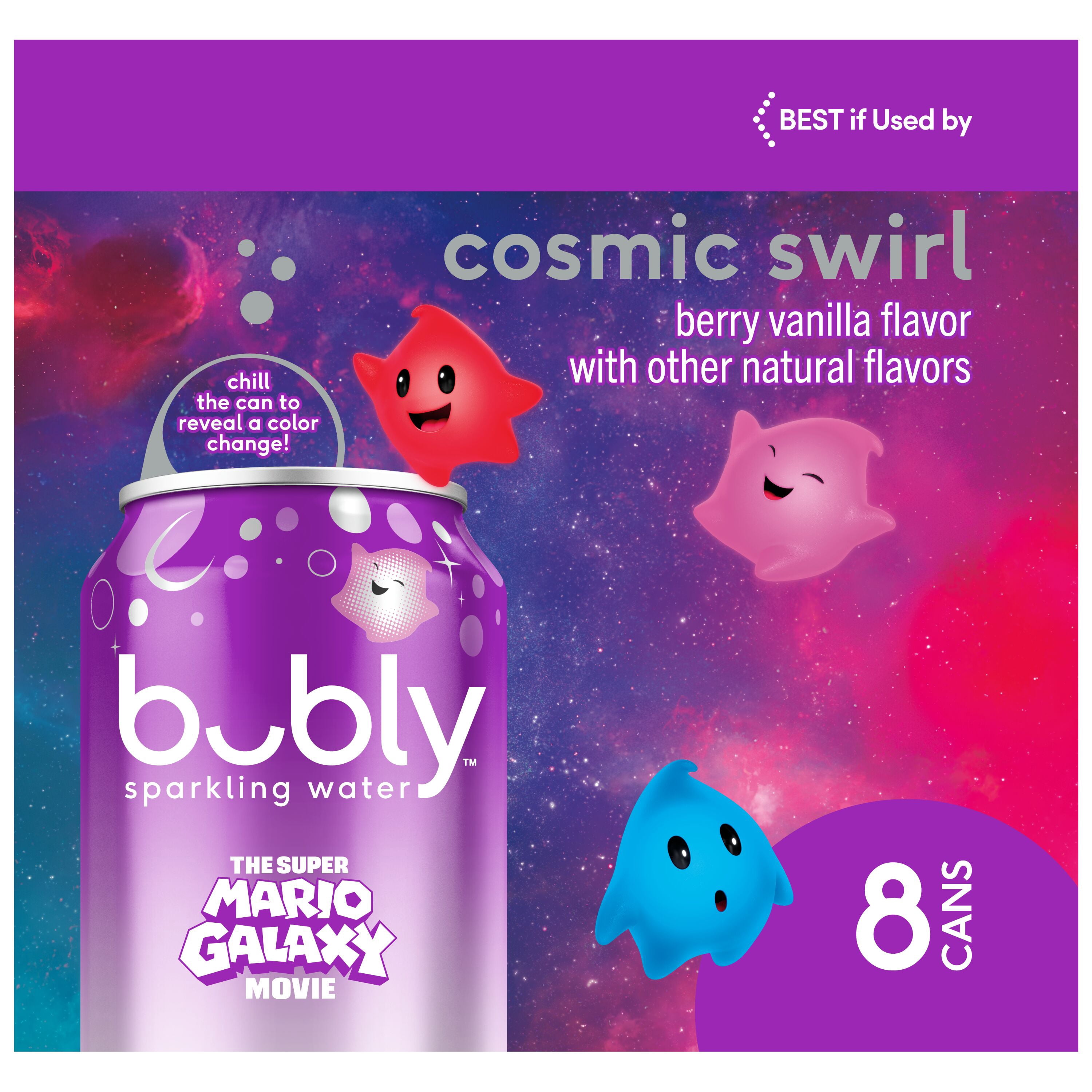 bubly Sparkling Water, The Super Mario Galaxy Movie Cosmic Swirl, Zero Sugar & Zero Calories, 12 fl oz Cans (8 pack)​