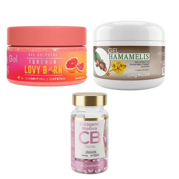 Kit Corporal Reductor Juveternal Lovycare Gel Toronja L-Carnitina + Gel Hamamelis Castaño De Indias ¡Cápsulas Colágeno Biotina de Regalo!
