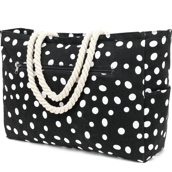 Oversized Canvas Beach Tote Bag for Women and Girls, Waterproof Sandproof Travel Tote Bag with Wet Pocket, Striped Swim Pool bag Zipper Closure,Dot
