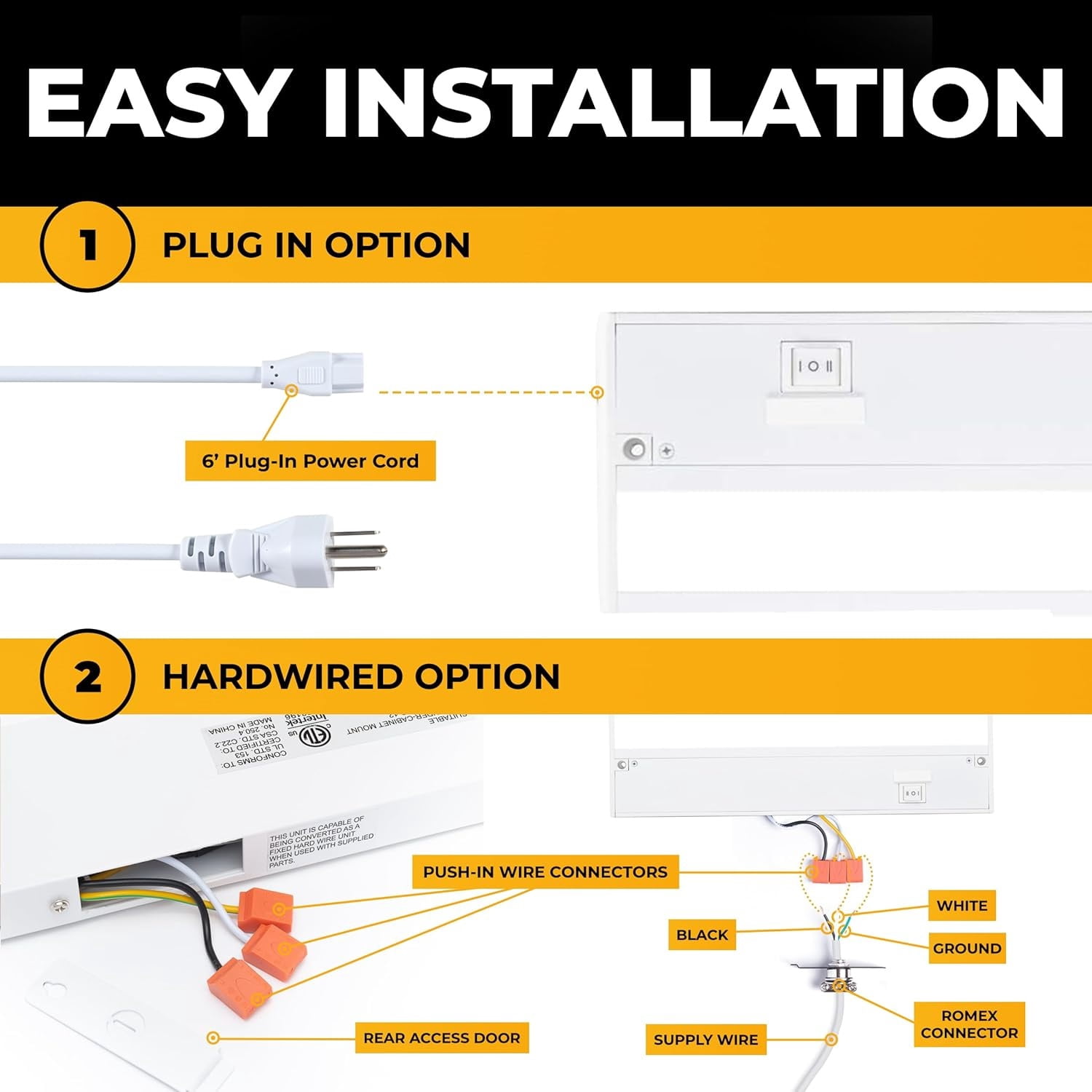 LED Under Cabinet Lighting Hardwired - 3CCT 18 Inch White Finish - Undercabinet Lights for Kitchen - Linkable Undercounter Dimmable Plug in Light or Hard Wired - Under Counter Fixture Direct Wire
