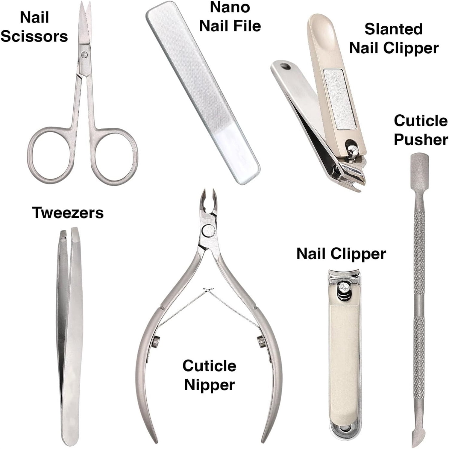 Manicure Pedicure Set 7-in-1 Stainless Steel, Ultra Sharp, Slanted Nail Clipper, Fingernail Clipper, Cuticle Nipper, Glass Nail File, Eyebrow Tweezers, Scissors