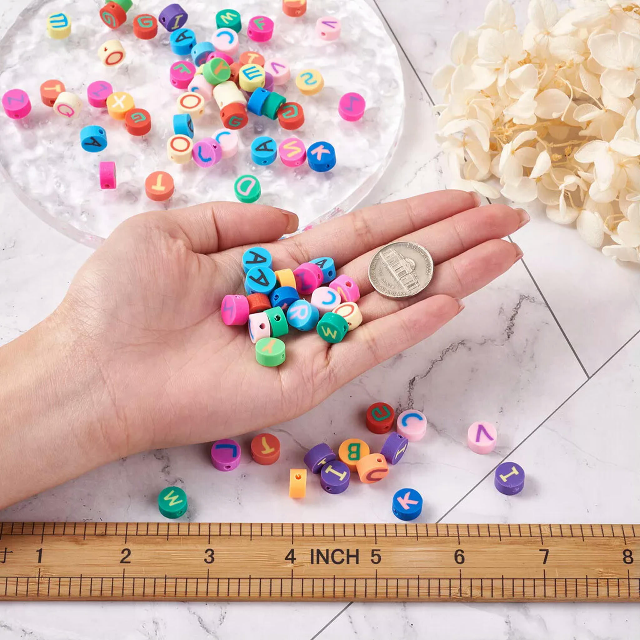 EOEMY 300Pcs 10mm Colorful Flat Round With Letter Handmade Polymer Clay Disc Beads
