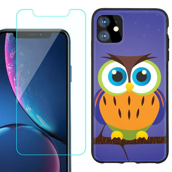 For Apple iPhone 11 Phone Case , Slim-Fit TPU Protective Case (Black), with Tempered Glass Screen Protector, by OneToughShield ® - Night Owl