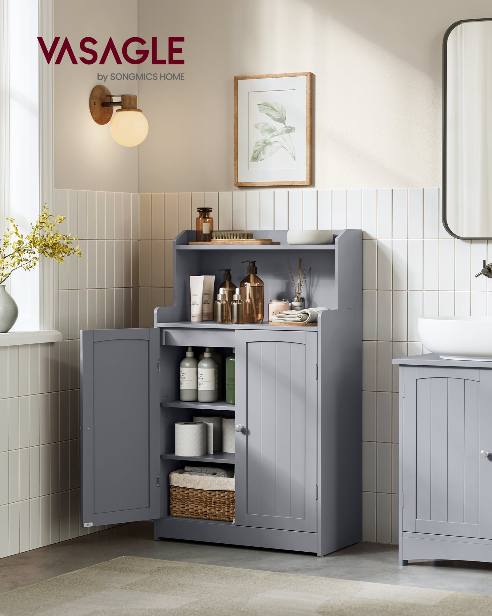 Bathroom Cabinet, Bathroom Storage Unit with 2 Doors, 2 Adjustableelves, 30 x 60 x 100 cm Storage Cabinet, for Dining Room, Kitchen, Living Room, Dove Grey