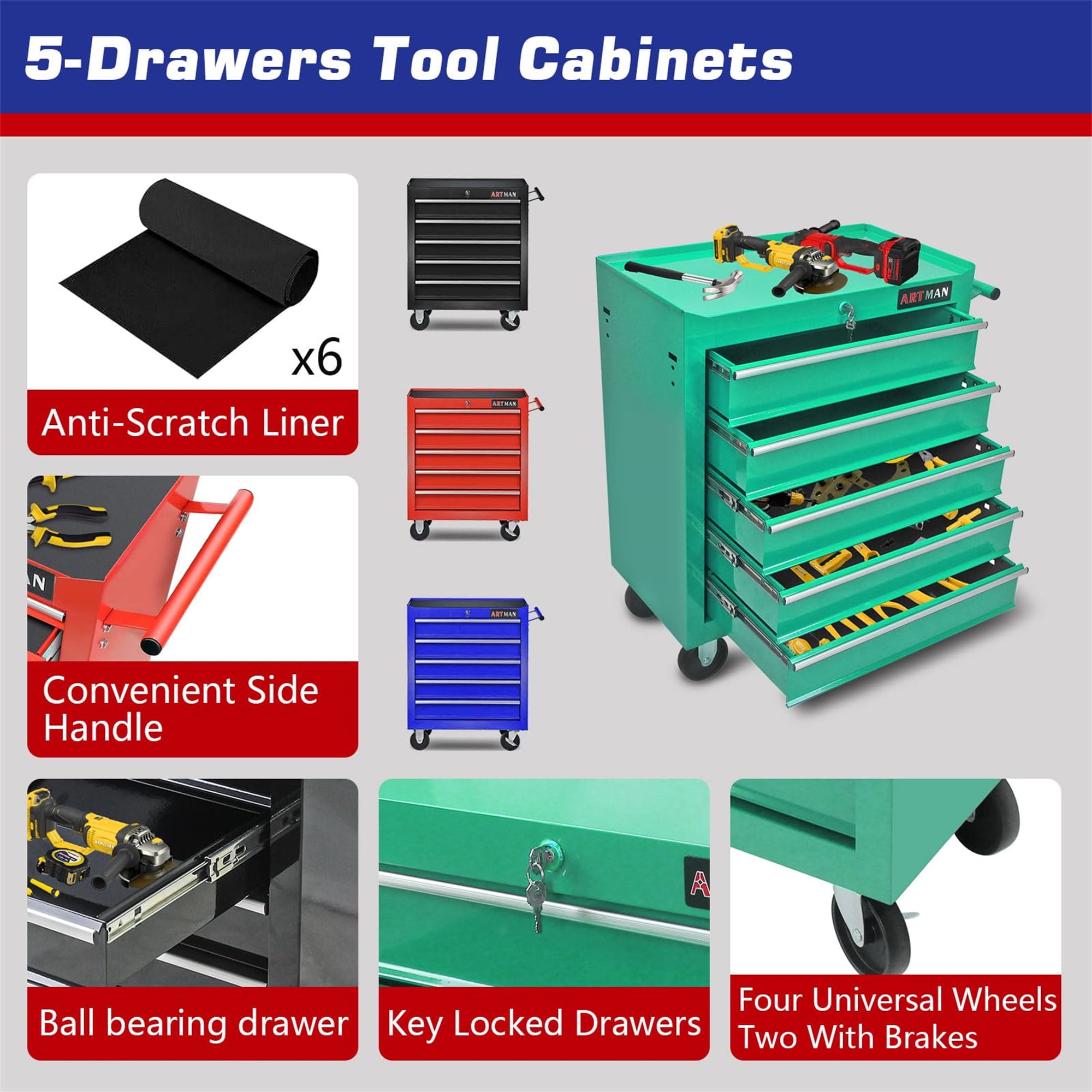 Aukfa Tool Chest, 5-Drawer Steel Rolling Tool Box on Wheels for Workshop Garage, Green
