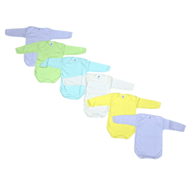 Paquete con 6 Pañaleros Tipo Manga larga Extra Suaves para Bebé combinación de colores pastel, Baby Planet México, Talla 0 a 3 Meses, 100% Algodón.