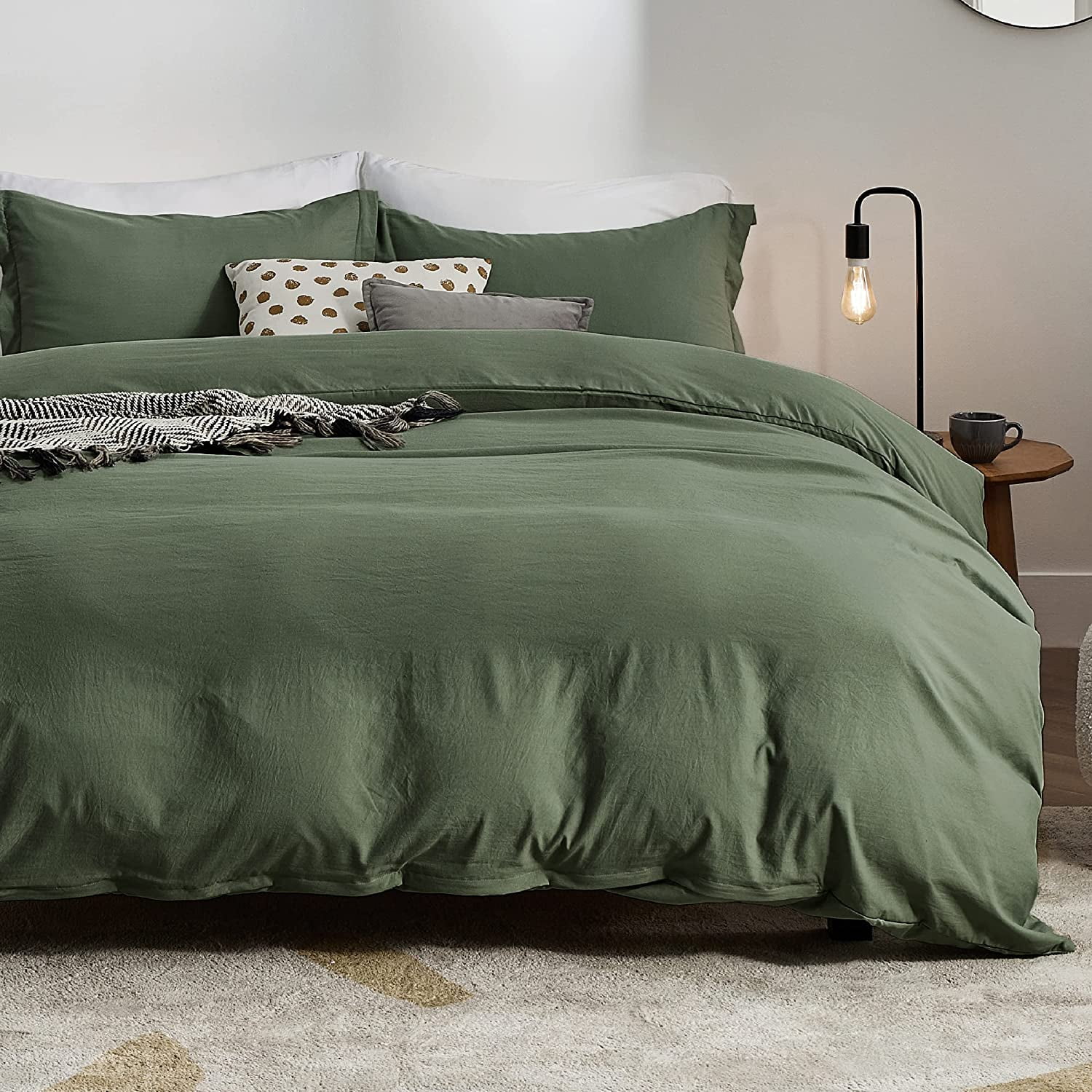 BEDSURE Olive Green Duvet Cover Queen Size Soft Prewashed Queen Duvet Cover Set, 3 Pieces, 1