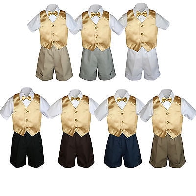 

4pc Set Boy Toddler Formal Mustard Vest and Bow tie White Navy Khaki Shorts S-4T