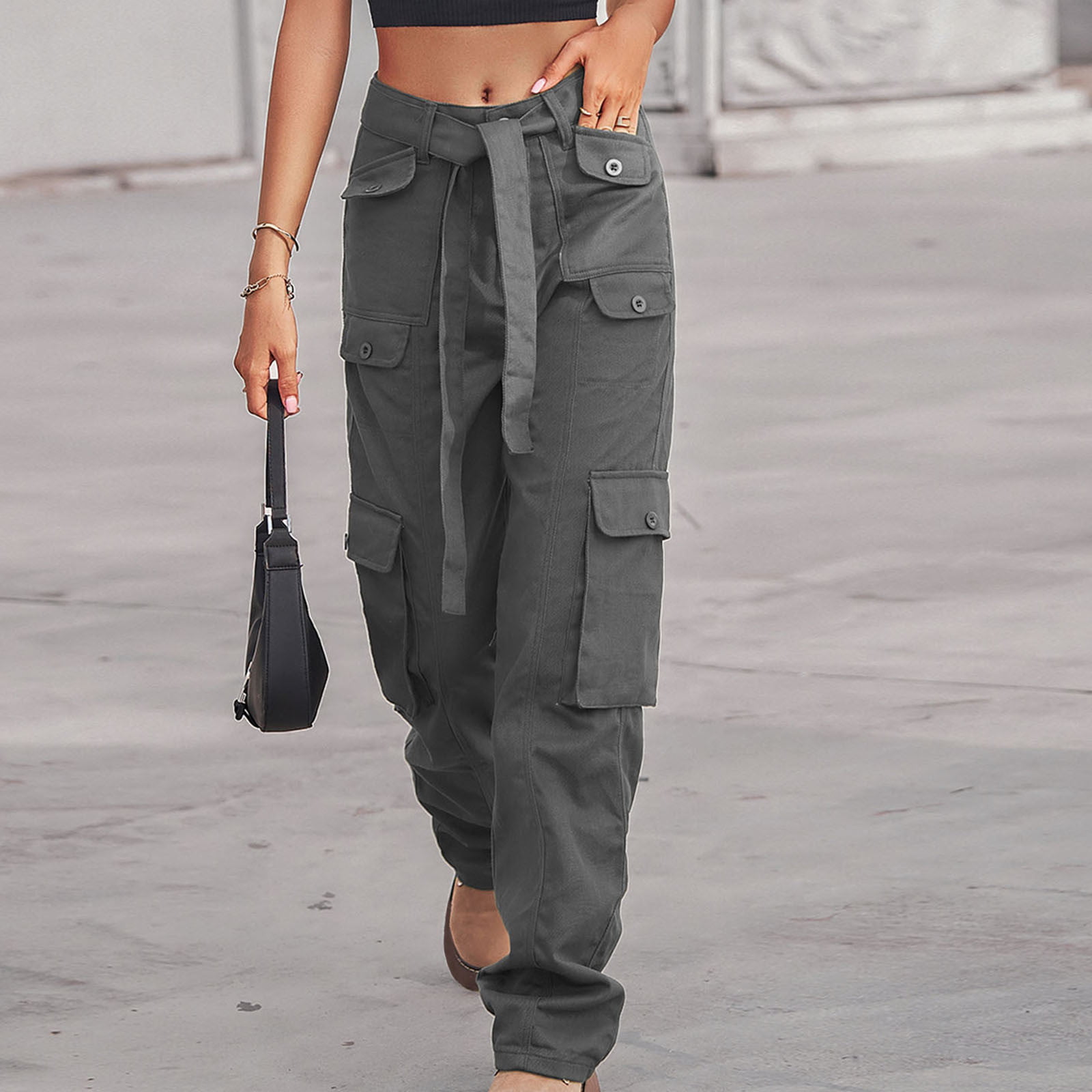 Cargo Pants Sweatpants for Women Straight Leg Solid Color Belted High  Waisted 8 Pockets Casual Outdoor Y2k Slacks (M, Brown-I)
