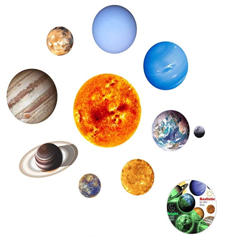 Solar System Wall Decals 9 Planets Bright Solar System Wall Sticker, Removable Glow in The Dark