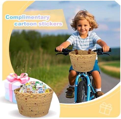 Kids Bike Basket Rope Woven Front Bicycle Basket for Boys Girls Kids Front Handlebar Basket for Scooter,Balance Bikes Cute Bike Basket with Colored Spots