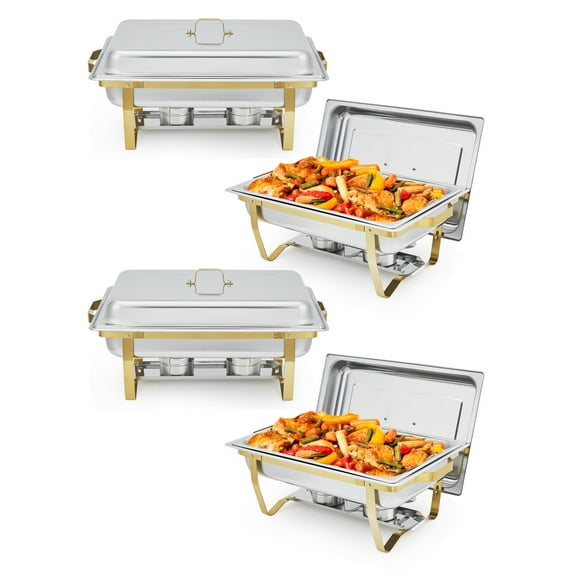 Chafing Dishes for Buffet Set of 2/4/6, 8QT Buffet Servers and Warmers Set with Lid & Foldable Frame, Rectangular Stainless Steel Chafer Food Warmer for Parties Wedding Catering Supplies, Gold