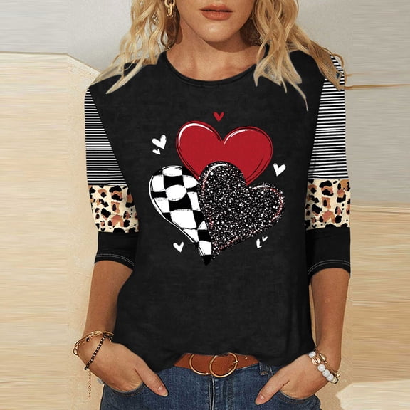 HaoXianJian Valentine's Day Shirt Women Plaid Love Heart Graphic Tees 3/4 Sleeve Tee Tops Crewneck Pullover Casual T-Shirts Size 2X 3X