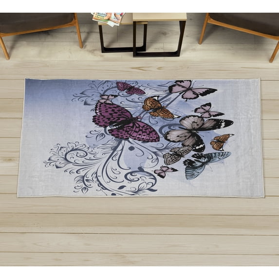 Butterfly Decorative Rug, Monarch Butterflies Vintage Damask Inspired Design, Quality Carpet for Bedroom Dorm and Living Room, 6 Sizes, Ceil Blue, by Ambesonne
