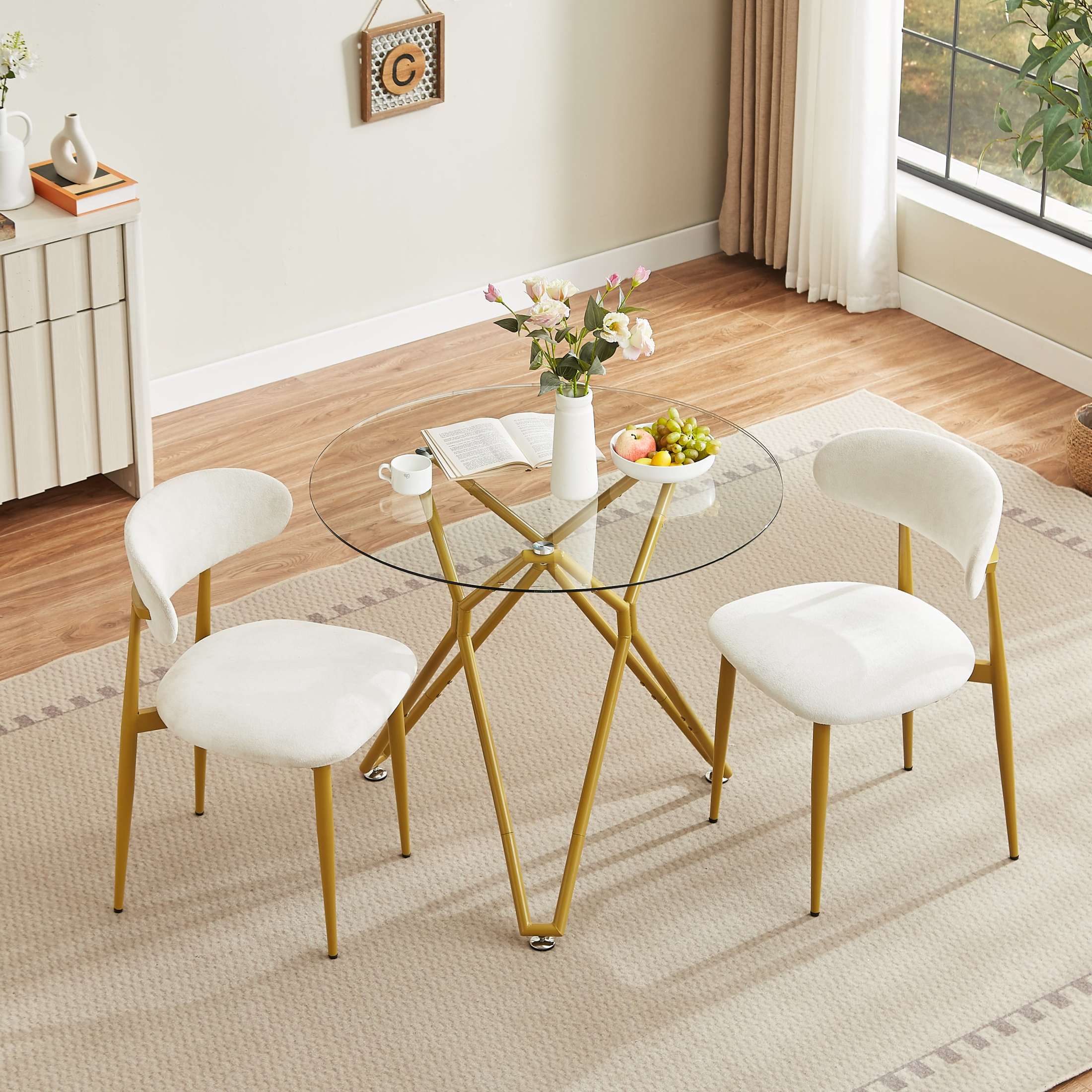 Noble House 35.4" Round Dining Table, Small Modern Kitchen Table with Tempered Glas, Dining Room Furniture, Gold