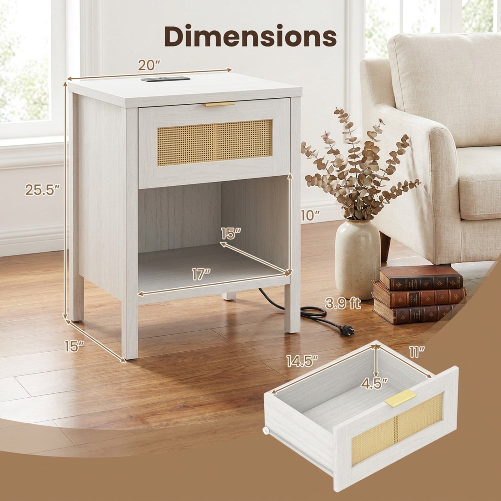 Furnibear Rattan Nightstand with Charging Station and Storage Shelf for Bedroom for Bedroom Living Room Bedside Sofa Side Small Space, White
