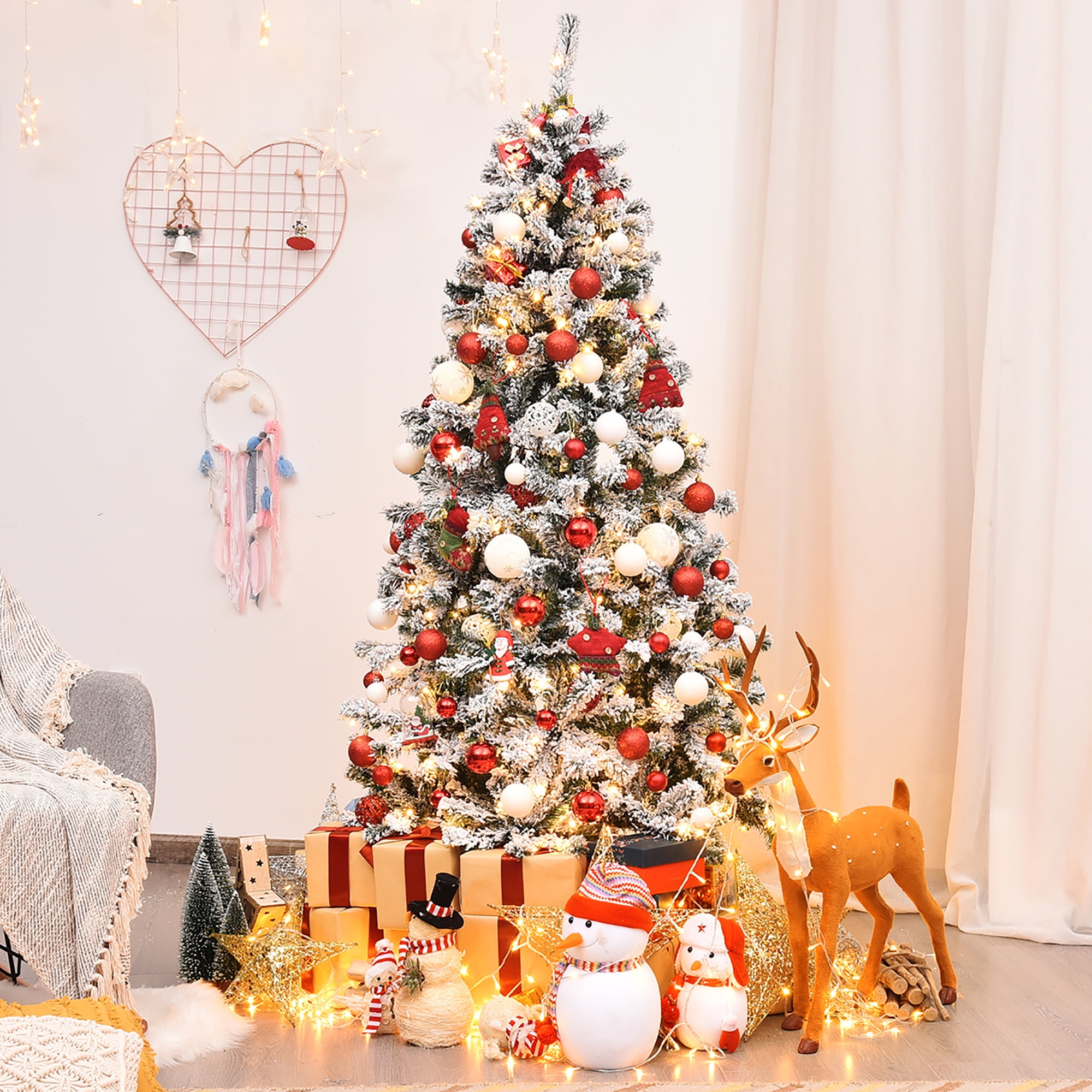 Costway 6ft Pre Lit Premium Snow Flocked Hinged Artificial Christmas Tree w 250 Lights