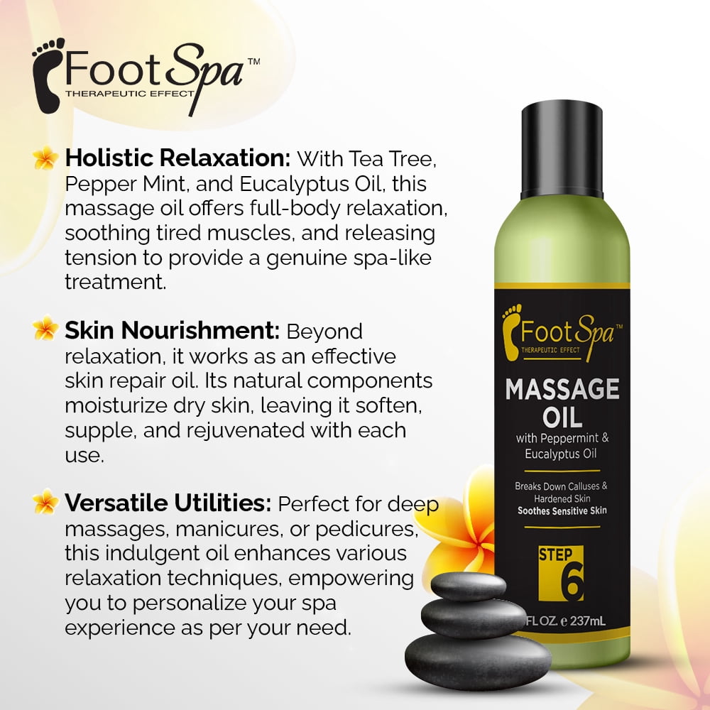 FOOT SPA - Professional Body Massage Oil, with Tea Tree, Pepper Mint, Eucalyptus Oil, 8 oz for Body, Hand, Foot