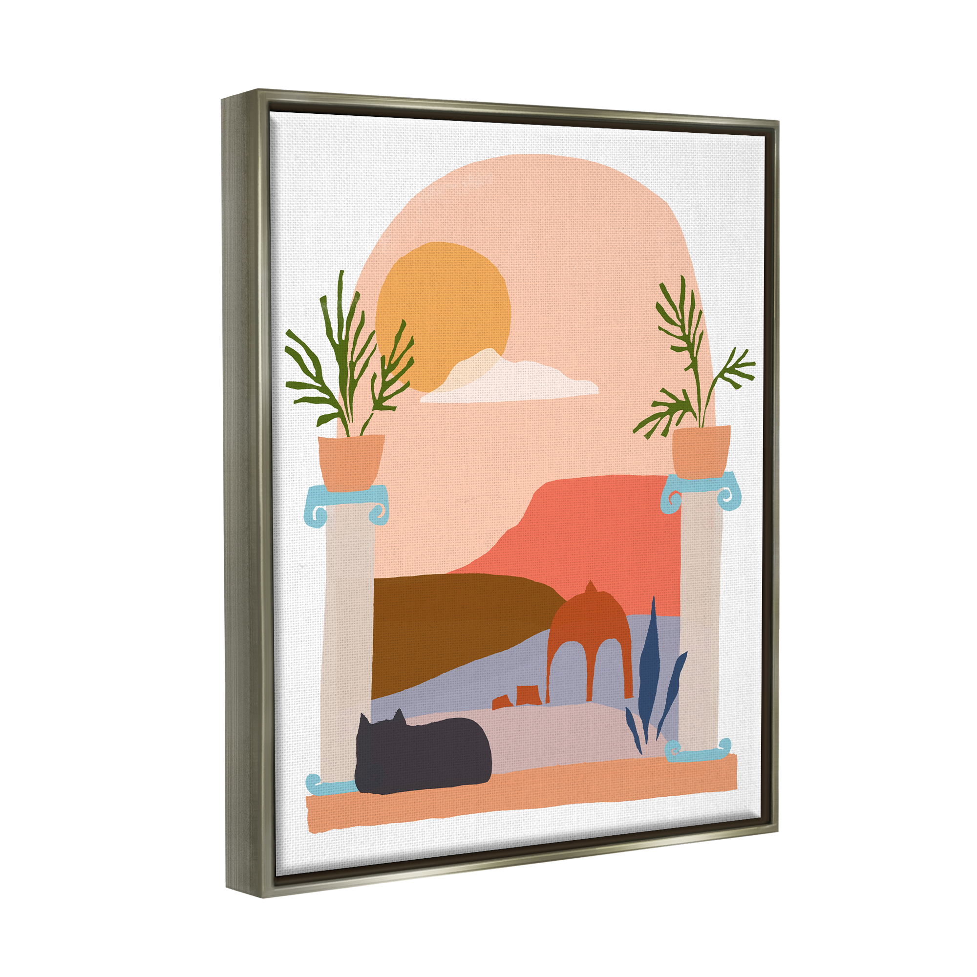 Stupell Industries Black Cat Watching Peaceful Sunny Hills Scenery Graphic Art Luster Gray Floating Framed Canvas Print Wall Art, Design by June Erica Vess
