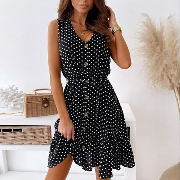 SHOPESSA Plus Size Clothes for Women Women's Sexy Dress Sleeveless V-neck  Polka Dot Front Buttoned Dress With Belt 