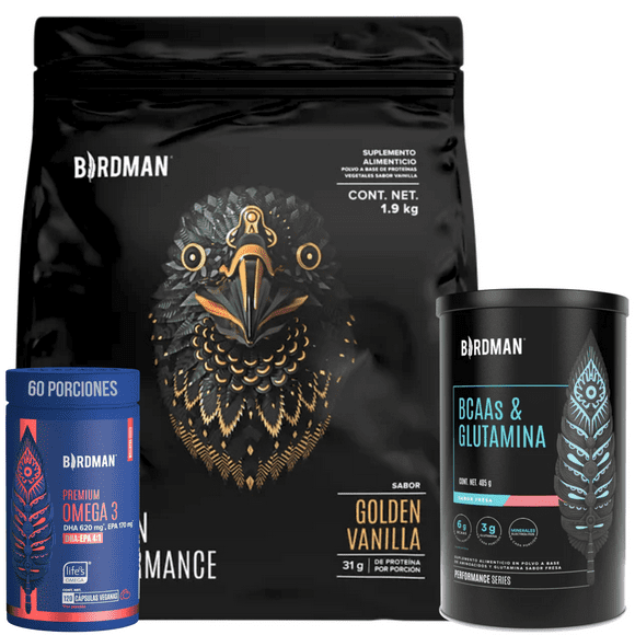 COMBO BIRDMAN FALCON PERFORMANCE VIANILLA 1.9 KG, BCAA FRESA 405 GR, BOTE OMEGA 3 PREMIUM 120 CAPS