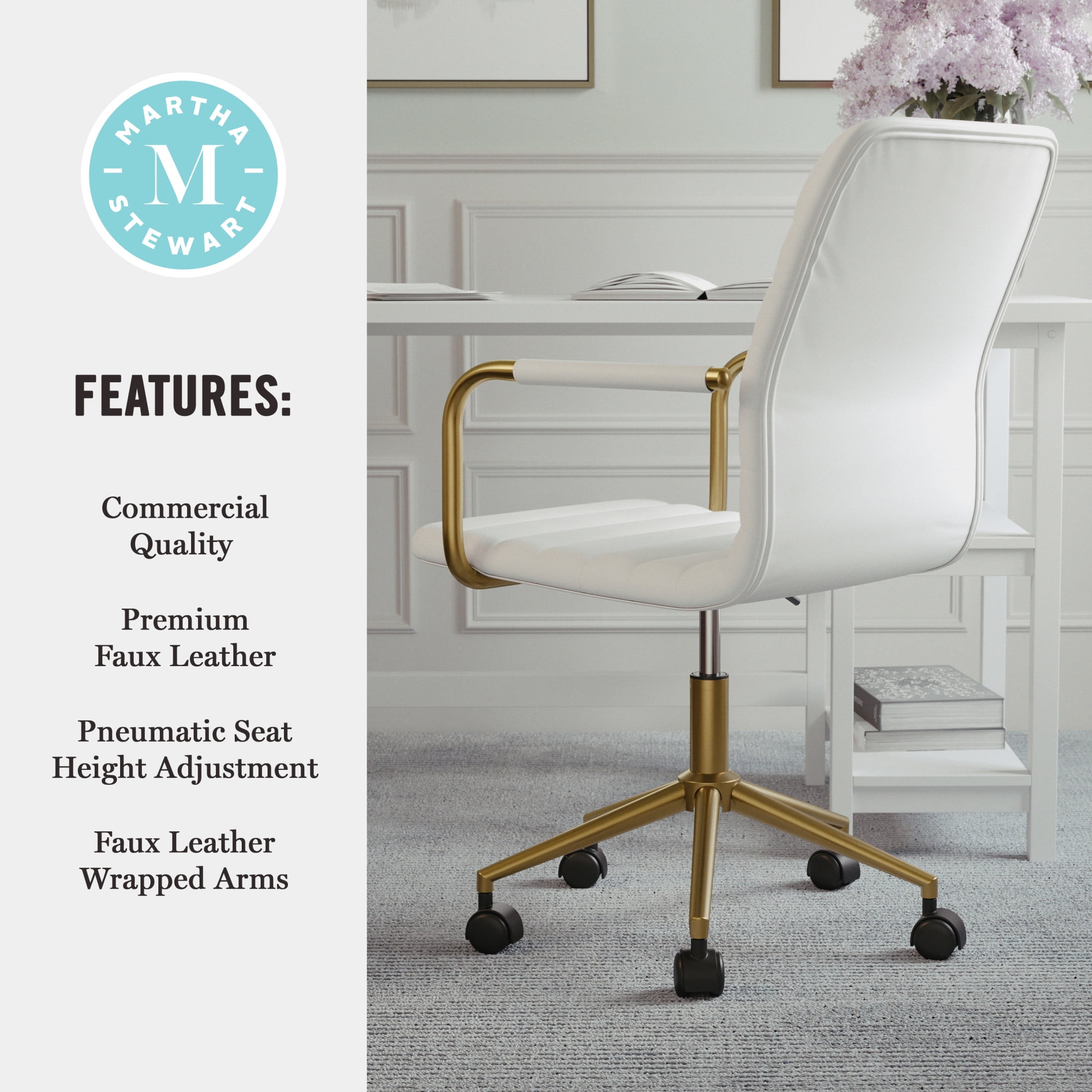 Martha Stewart Taytum Upholstered Office Chair in White/Polished Brass