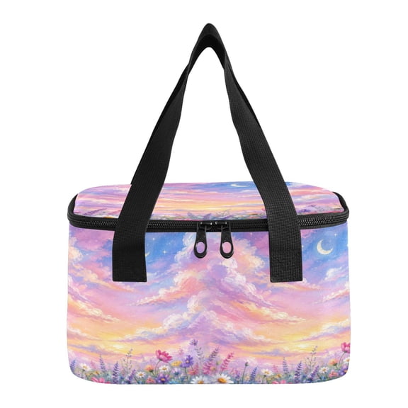6L Insulated Lunch Bag Square Handheld Cooler Tote Purple Floral Sky Sunset Reusable Thermal Bag with Polyester & Aluminum Lining for Work Picnic Travel