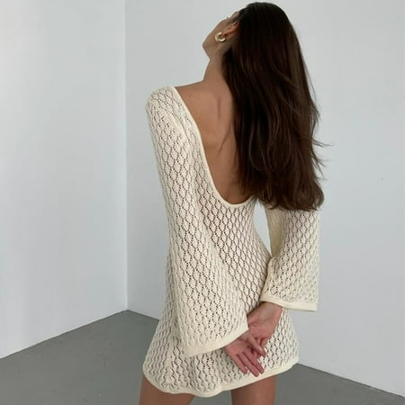 Mint Green Beach Dress for Women Sexy See Through Backless Knitted Mini Dresses Summer Elegant Long Sleeve Bikini Cover Up 2024