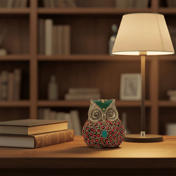Brass Owl Statue with Green Gemstones, 10 cm - Modern Decorative Design