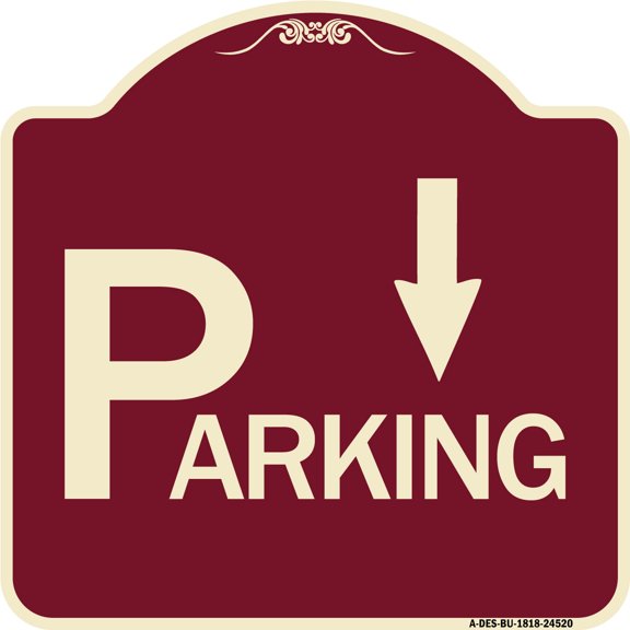 SignMission Designer Series Sign - Parking with Arrow Pointing Down | Burgundy 18" X 18" Heavy-Gauge Aluminum Architectural Sign | Protect Your Business & Municipality | Made in the USA