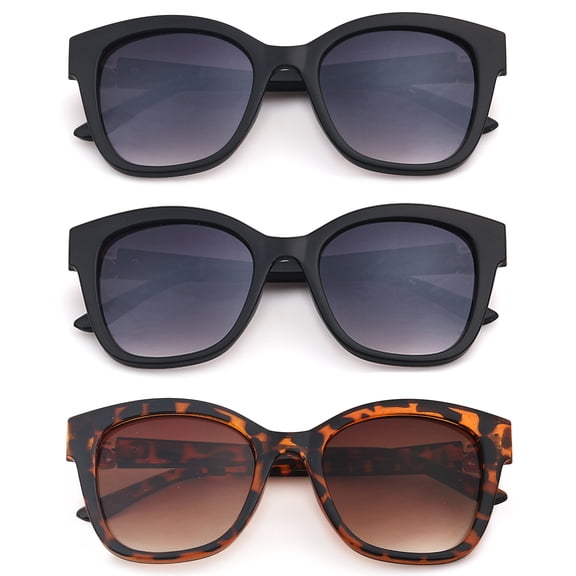 3 Pack Butterfly Plastic Frame Vintage Fashion Sunglasses for Women,Four Petal flower metal ornament with Platic Temple, 2 Black & Tortoise