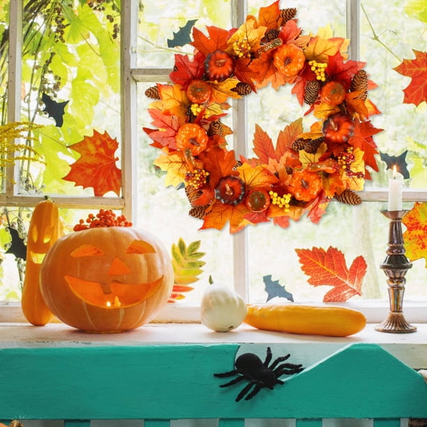 Guirlande Automne Citrouilles Couronne Automne VKTY - Déco Porte Avec Citrouilles Et Feuilles D'érable Decoration Halloween Porte Entree