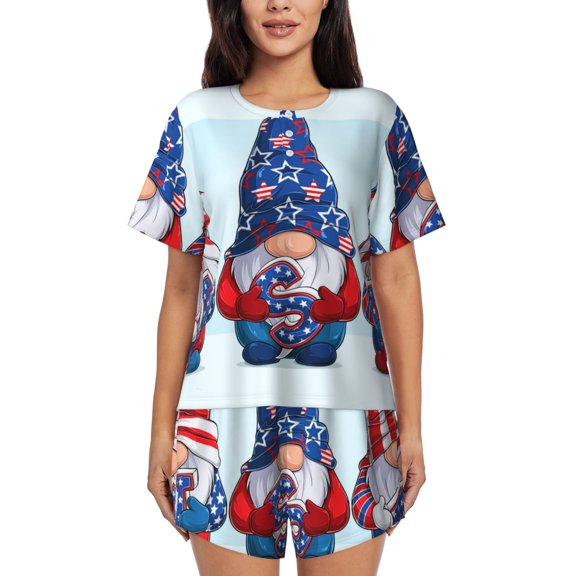 Fuzoiu Cute Gnomes in USA1 Print Women's Short-Sleeved Pajama Set,Lounge Sleepwear Set,Womens Pajama Sets 2 Piece,Button-Up Top and Shorts with Pockets-Small
