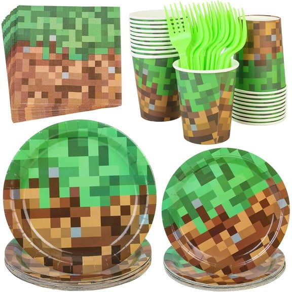 Pixel Gaming Party Supplies Set, 100 PCS Plates, Cups, Napkins and Forks for 20 Guests, Pixel Themed Birthday Party Decoration