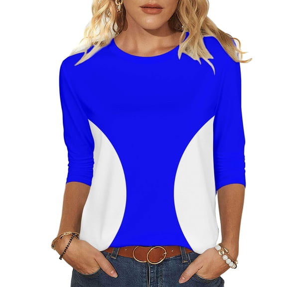 YUGYXL Summer Tops for Women Trendy 3/4 Sleeve Crew Neck Shirt Casual Color Block Blouse Tee Cotton Crewneck Pullover Blue L