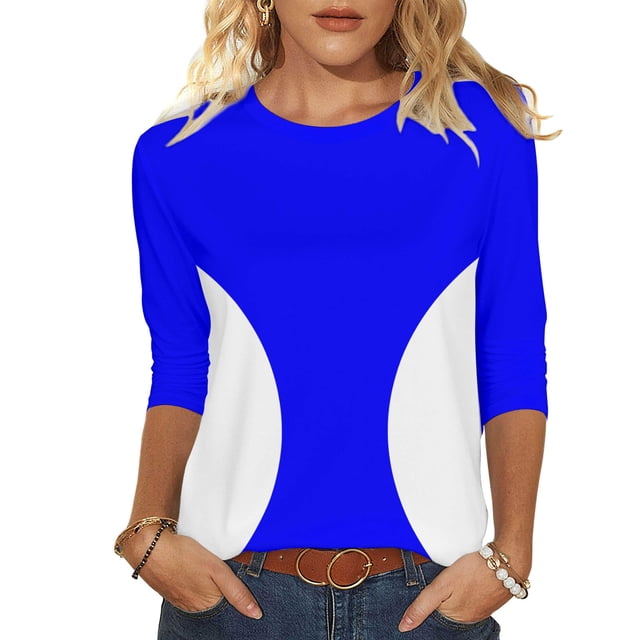 Camisetas de Manga 3/4 para Mujeres Impresas de Cuello Redondo Top de Moda Casual, Mezcla de Poliéster 95% 5% de Spandex para el Hogar Y el Uso Diario