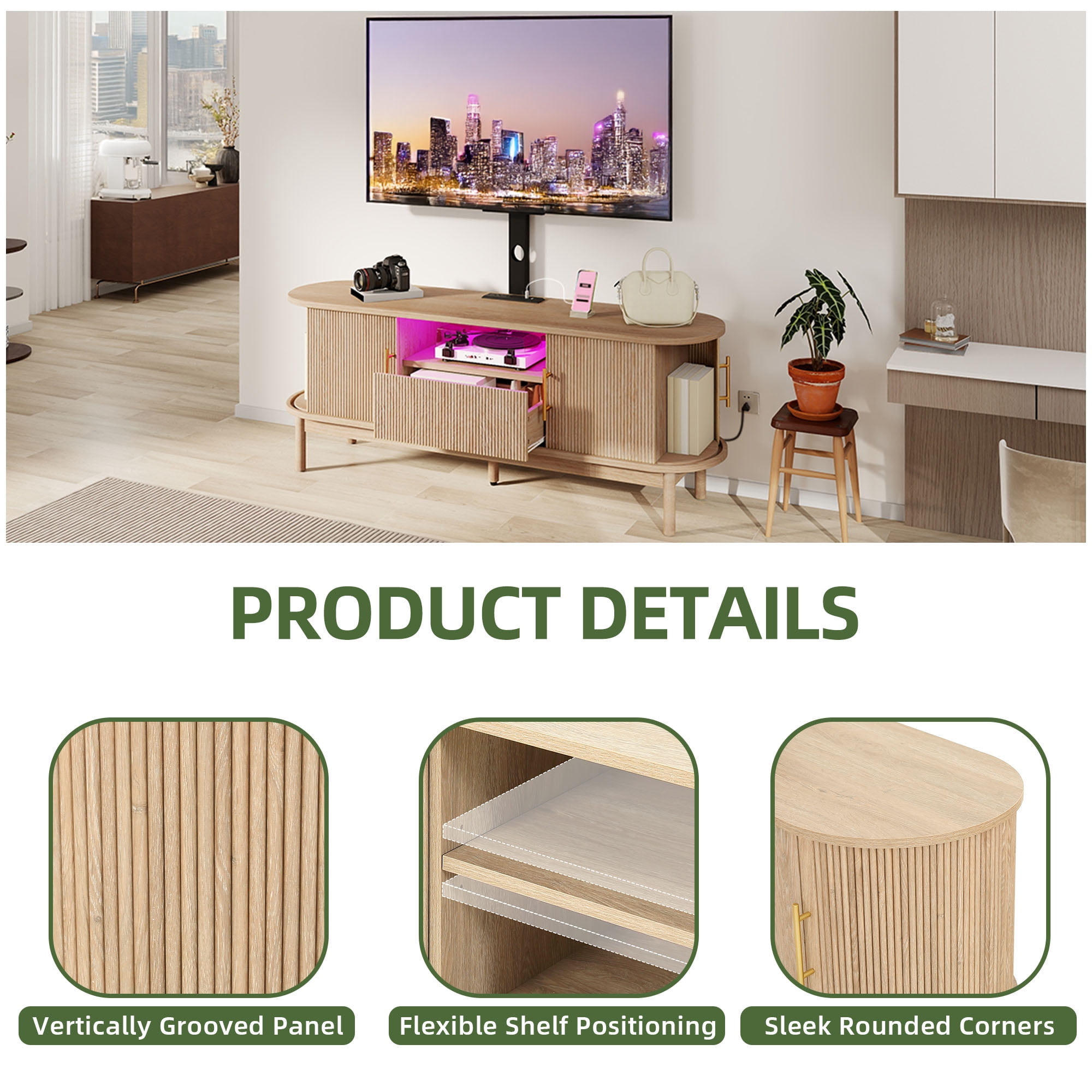 Uforic 60" TV Stand with Mount for 32-75" TVs, Height Adjustable Fluted Entertainment Center, Oak