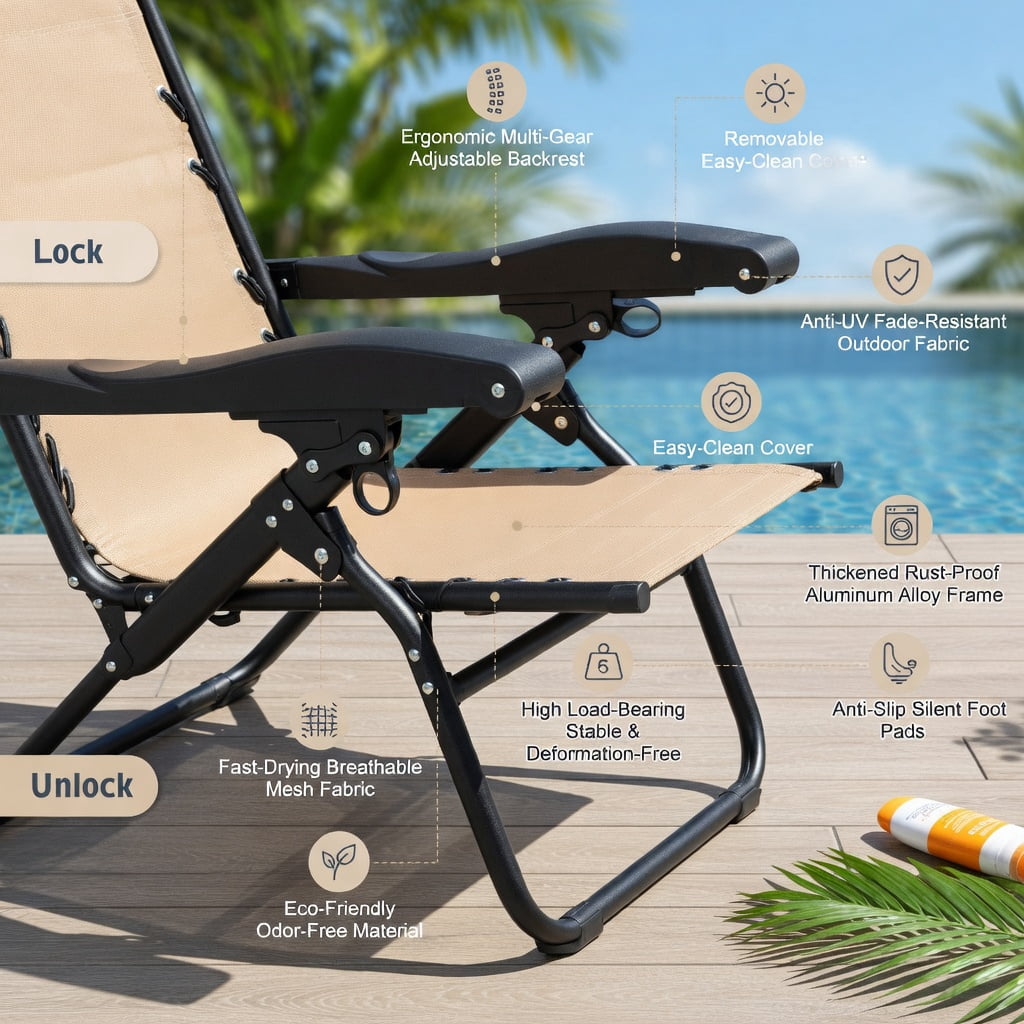 Hommoo Oversized Zero Gravity Lounge Chair with Cup Holder & Headrest Pillow, Heavy-Duty Outdoor Recliner for Backyard, Pool, Garden, Beige